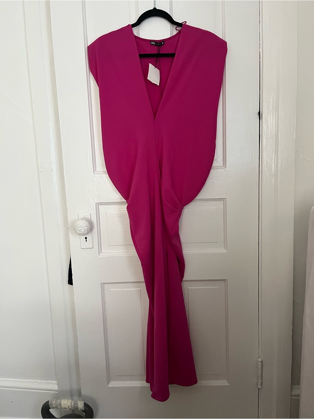 Zara Fuchsia Pink Draped V-Neck Maxi Dress